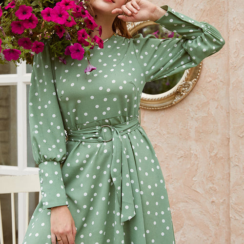 Load image into Gallery viewer, Commute Crew Neck Polka Dot Green Long Sleeve Asymmetrical Knee Length Sash Midi Dress
