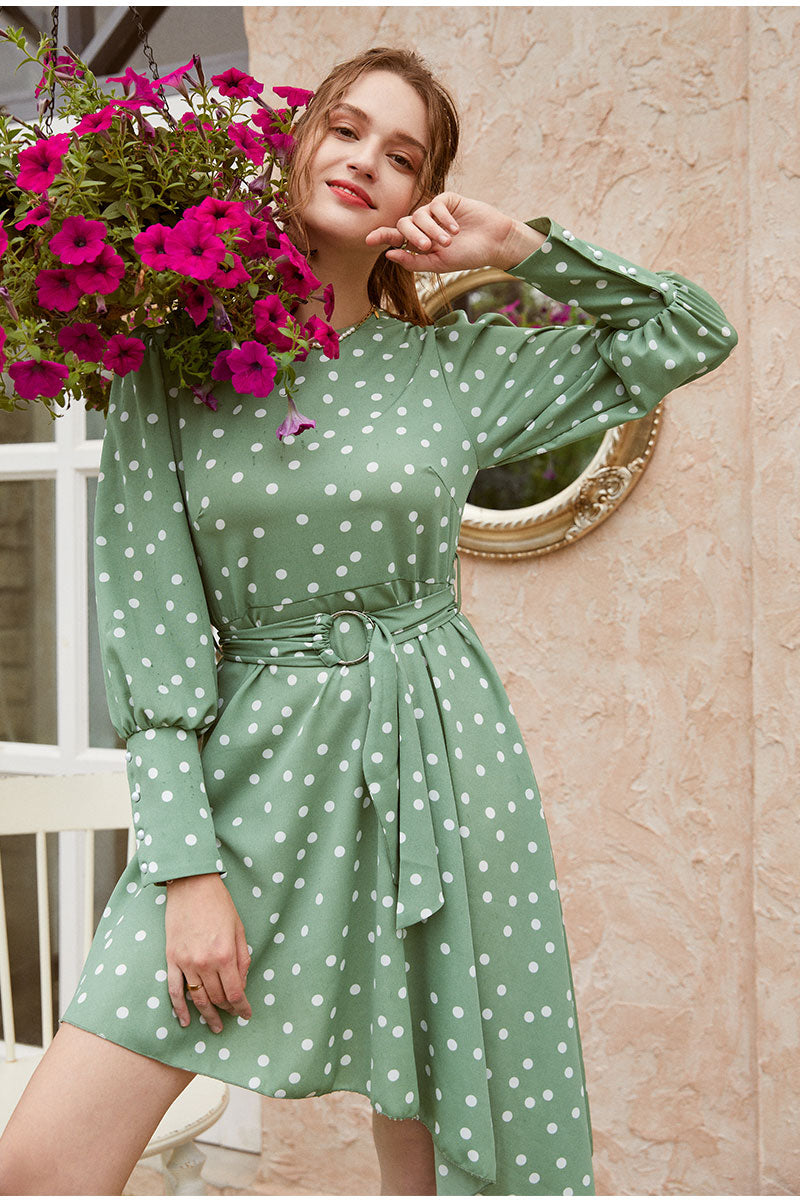 Commute Crew Neck Polka Dot Green Long Sleeve Asymmetrical Knee Length Sash Midi Dress