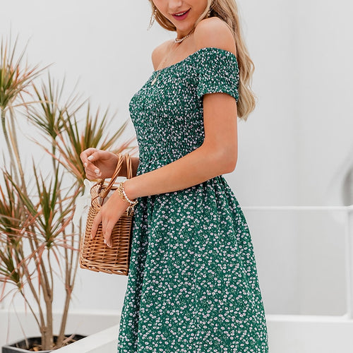 Load image into Gallery viewer, Elegant Off Shoulder Mini Boho Floral Print A-line Spring Summer Holiday Dress
