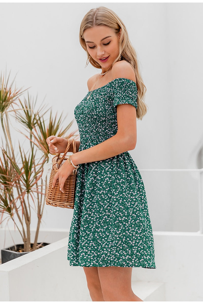 Elegant Off Shoulder Mini Boho Floral Print A-line Spring Summer Holiday Dress