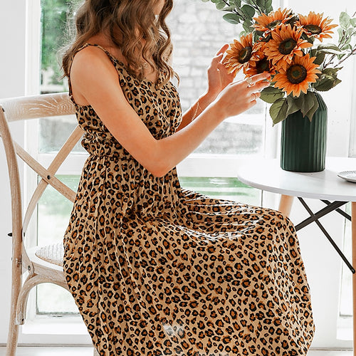 Load image into Gallery viewer, Sexy Spaghetti Strap Party A-line Pleated Midi Summer Office Leopard Print Dress
