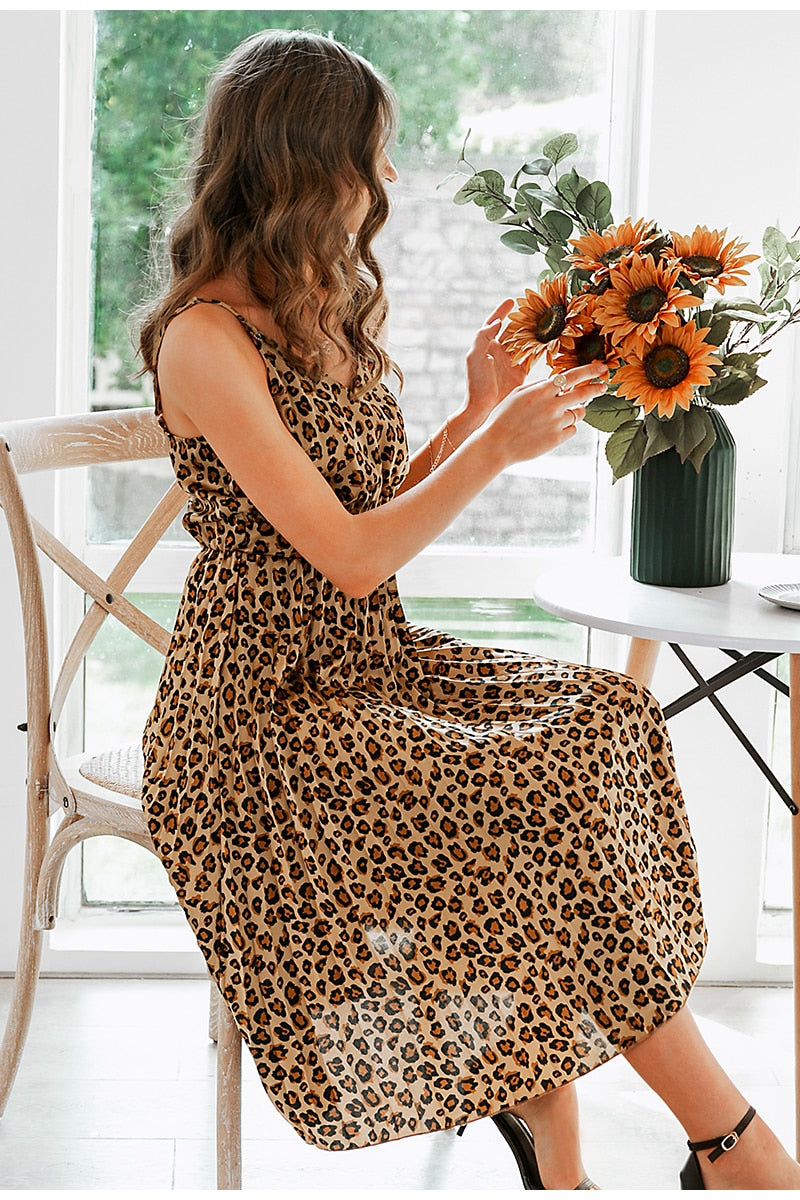 Sexy Spaghetti Strap Party A-line Pleated Midi Summer Office Leopard Print Dress