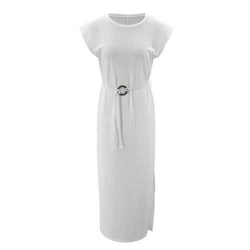 Load image into Gallery viewer, Sexy White Bohemian National Long Sleeveless Split Round Neck With Belt Party Dress
