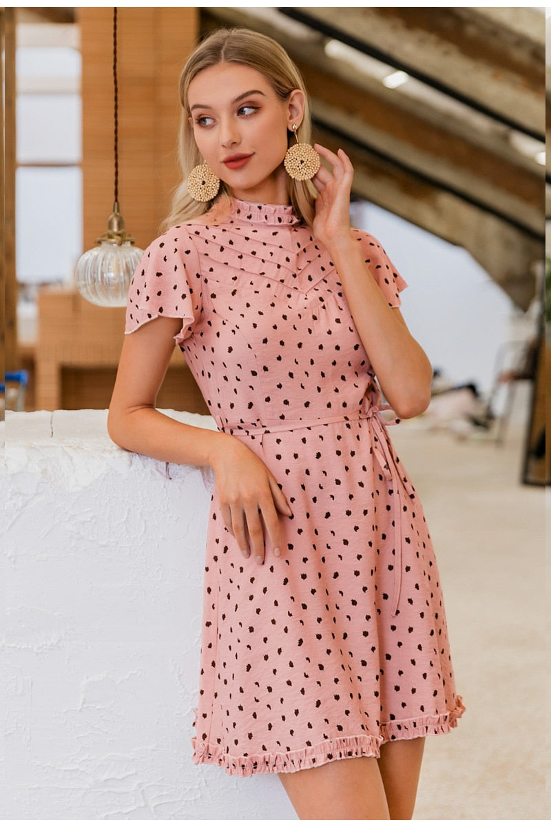 Elegant Leopard Print Linen Short Sleeve Lace Up A-line Spring Summer Ruffle Mini Dress