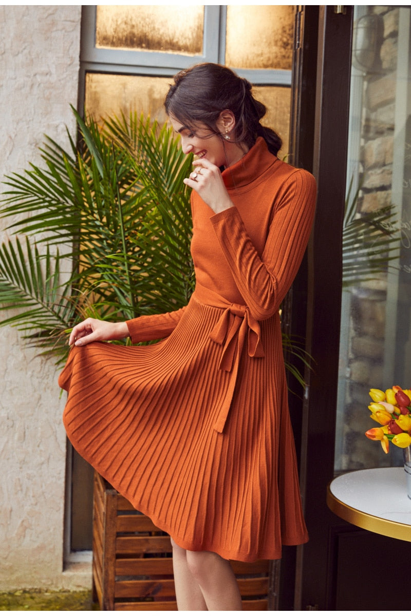 Casual Turtleneck Knitted Winter Long Sleeve Stitching Sweater Dress