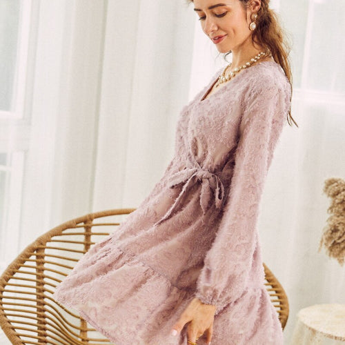 Load image into Gallery viewer, Sexy V-neck Knitted Elegant High Waist Pink  Long Sleeve Casual Office Winter Sweater Dress
