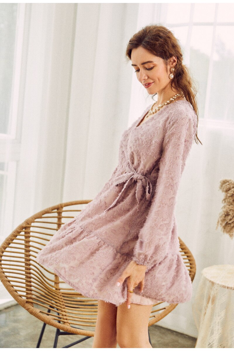 Sexy V-neck Knitted Elegant High Waist Pink  Long Sleeve Casual Office Winter Sweater Dress