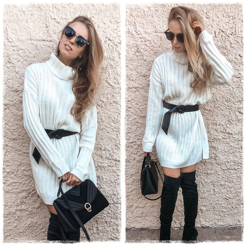 Load image into Gallery viewer, Elegant Knitted Turtle Neck White Sweater Sexy Holiday Solid Winter Teal Dress
