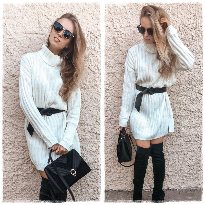 Elegant Knitted Turtle Neck White Sweater Sexy Holiday Solid Winter Teal Dress