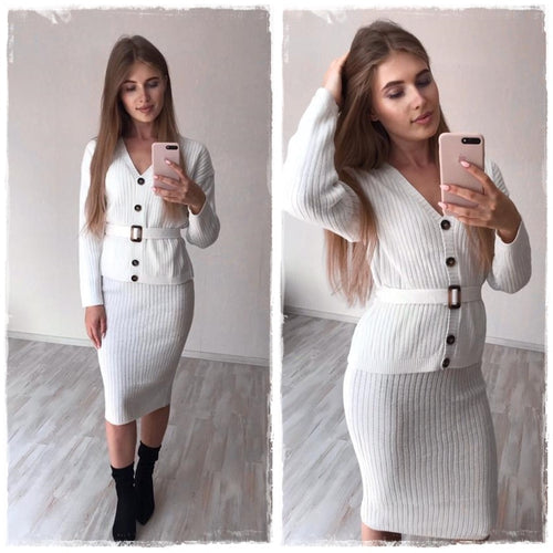 Load image into Gallery viewer, Knitted Sweater Elegant Autumn Winter Two Pieces Skirt Suit Long Sleeve Cardigan Midi Dress
