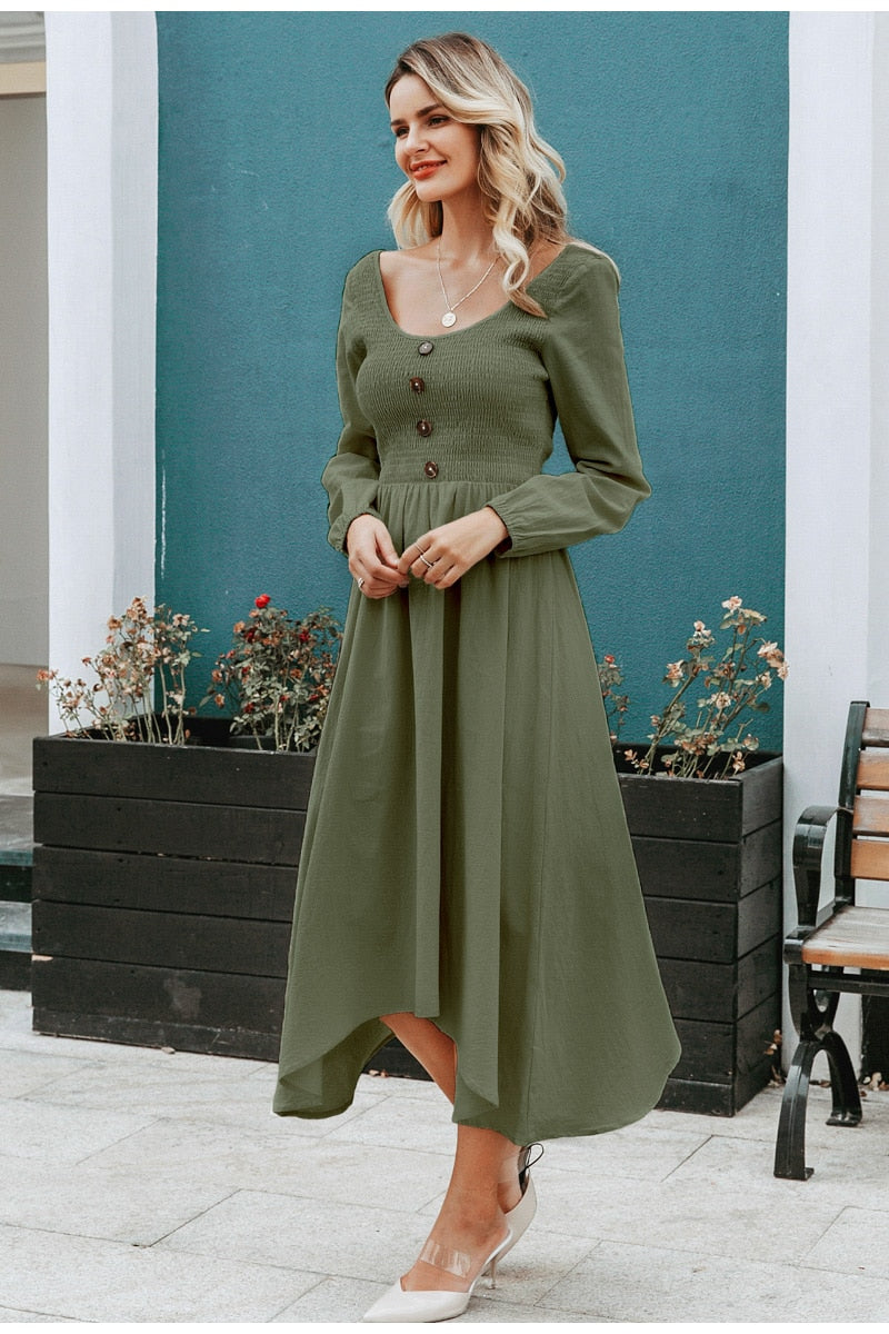 Sexy O-neck Long Party Single Breasted Three Quarter Sleeve Cotton Office Dress