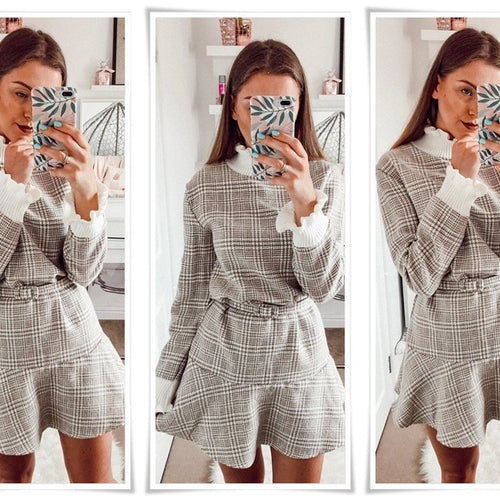 Load image into Gallery viewer, Elegant Plaid Turtleneck Knitted Short Ruffle Sashes Vintage Autumn Office Dress
