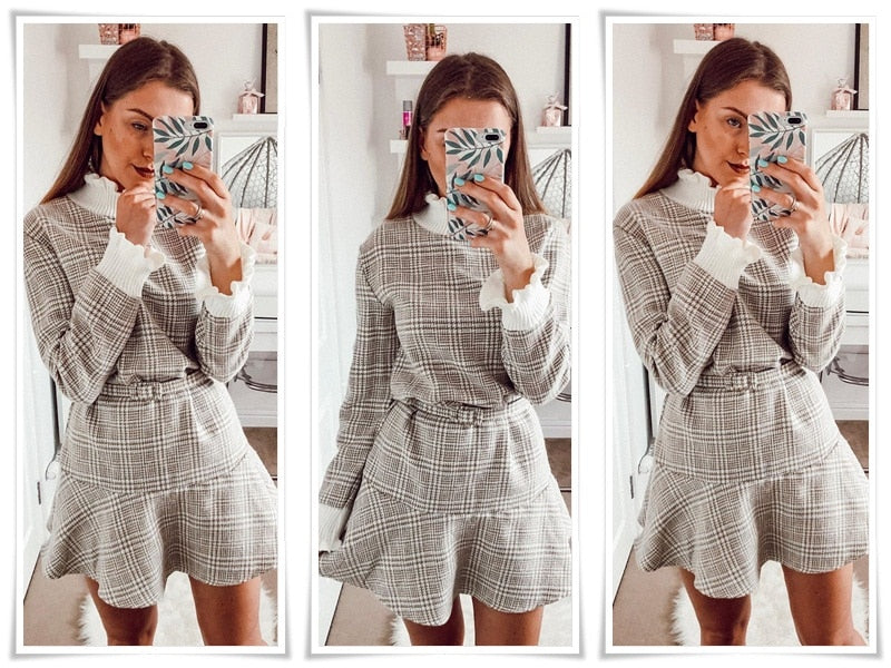 Elegant Plaid Turtleneck Knitted Short Ruffle Sashes Vintage Autumn Office Dress