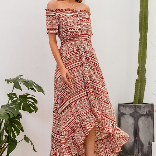 Load image into Gallery viewer, Buttons Off Shoulder Midi Dress High Waist Geometric Print A-line Dress
