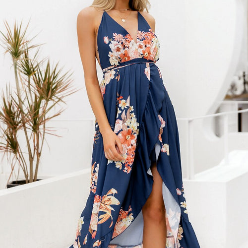 Load image into Gallery viewer, Sexy V-neck Backless Long Floral Print Lace Up Ruffled Spring Summer Holiday Beach Dress
