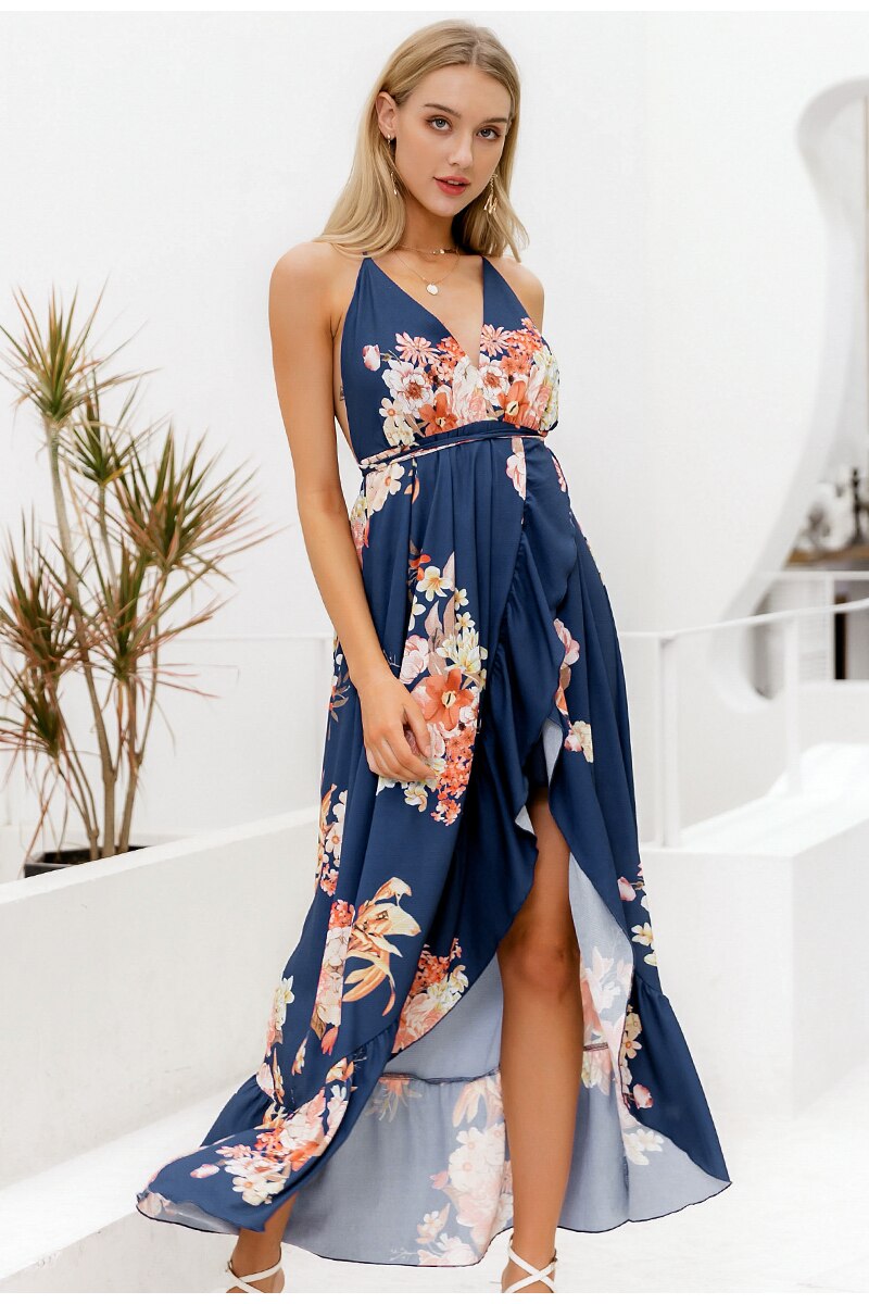 Sexy V-neck Backless Long Floral Print Lace Up Ruffled Spring Summer Holiday Beach Dress