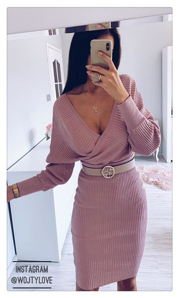 Sexy V-neck Knitted Skirt Batwing Sleeve 2 Pieces Elegant Party Sweater Pink Dress