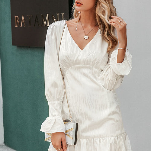 Load image into Gallery viewer, Elegant V-neck Ruffle Sleeve Zebra Stripe Party Club Slim White Dress
