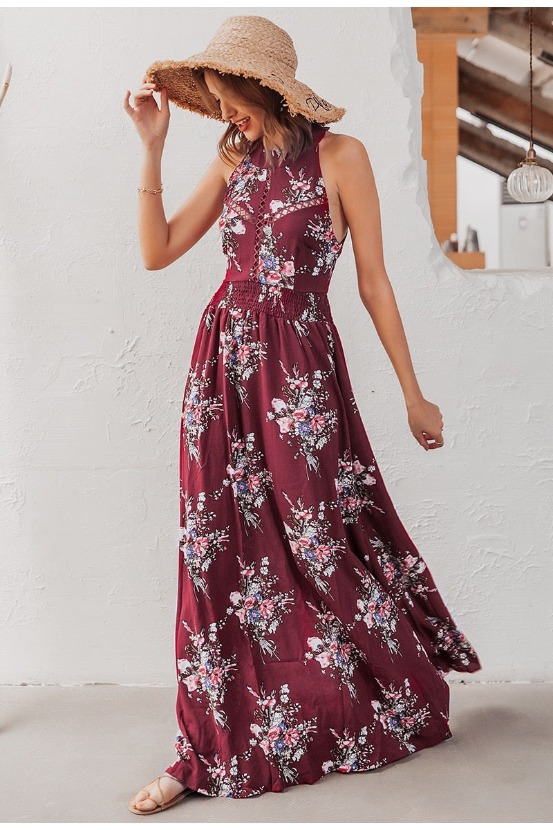 Halter Backless Summer Hollow Out Sleeveless Elegant High Waist Boho Floral Maxi Dress