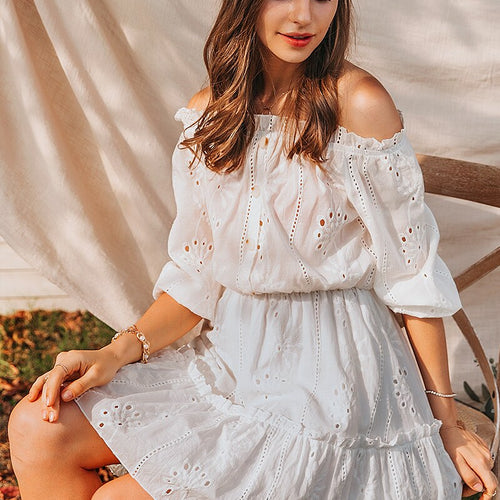 Load image into Gallery viewer, Sexy White Off Shoulder Summer Solid Ruffle Cotton Vintage Holiday Beach Dress
