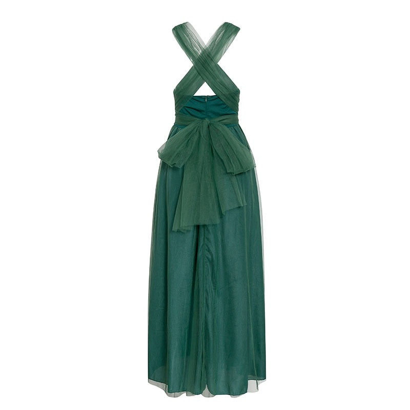 Elegant Tulle Solid Green Sexy Tube Top One Shoulder Summer Holiday Slim Flow Beach Dress