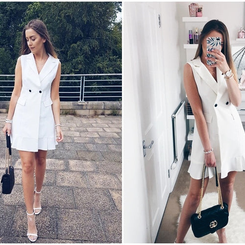 Load image into Gallery viewer, White Blazer Work V-neck Ruffle A-line Slim Sleeveless Party Office Ladies Short White Dress
