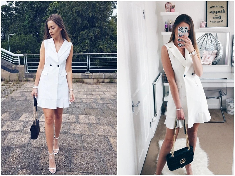 White Blazer Work V-neck Ruffle A-line Slim Sleeveless Party Office Ladies Short White Dress