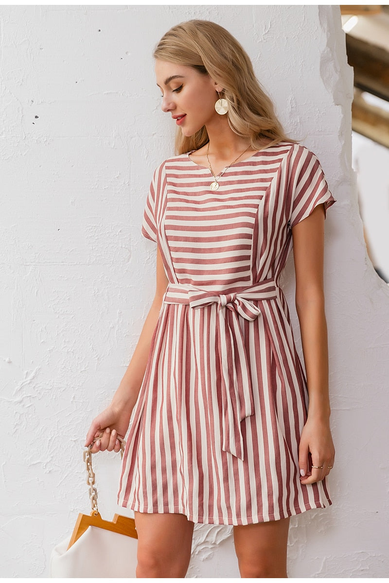 Striped Casual Buttons Strap Short Sleeve Summer O-neck A-line Holiday Dress