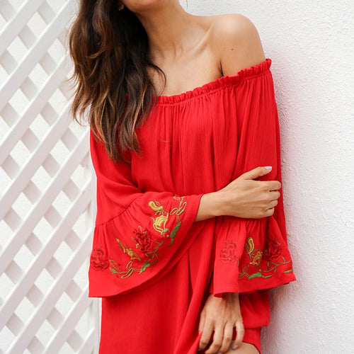 Load image into Gallery viewer, Off Shoulder Flare Sleeve Embroidery Sexy Ruffle Red Short Belt Bow Loose Beach Summer Dress
