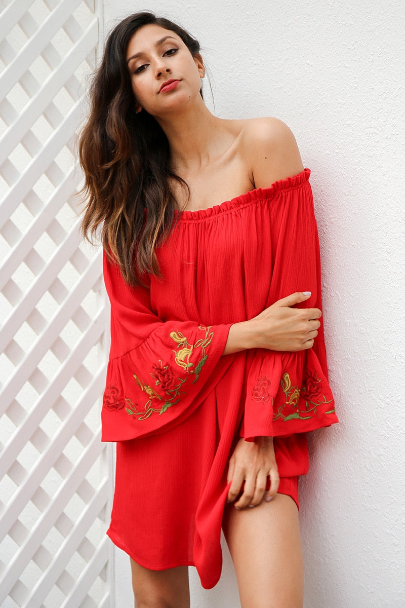 Off Shoulder Flare Sleeve Embroidery Sexy Ruffle Red Short Belt Bow Loose Beach Summer Dress