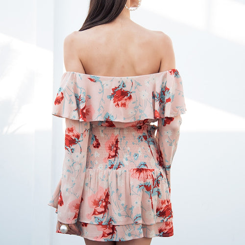 Load image into Gallery viewer, Sexy Off Shoulder Print Two Piece Flare Sleeve Lace Up Boho Short Ruffle Dress
