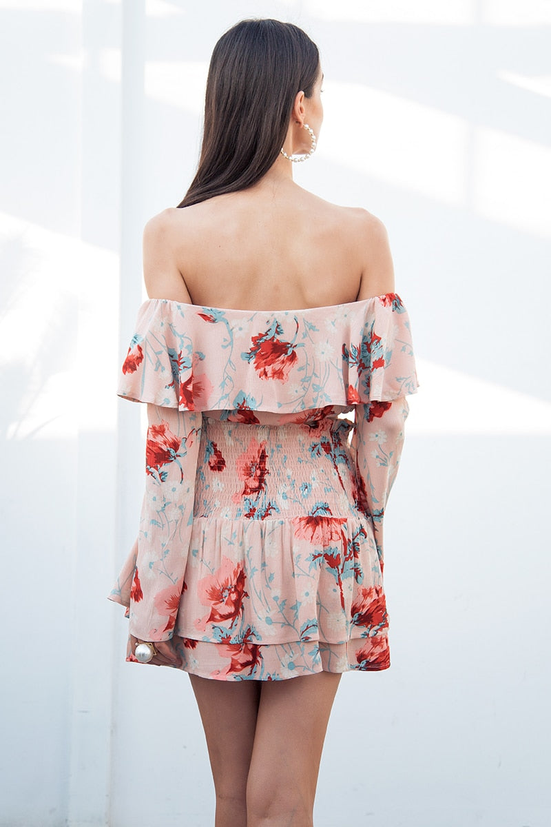 Sexy Off Shoulder Print Two Piece Flare Sleeve Lace Up Boho Short Ruffle Dress