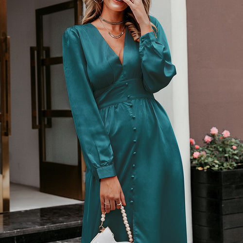 Load image into Gallery viewer, Sexy Deep V-neck Satin Midi Vintage Long Sleeve Buttons High Waist Party Elegant Silk Dress
