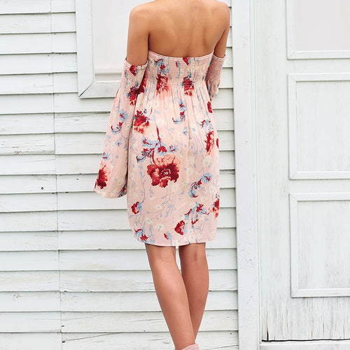 Load image into Gallery viewer, Strapless Floral Print Summer Off Shoulder Short Flare Sleeve Casual Boho Chic Beach Dress
