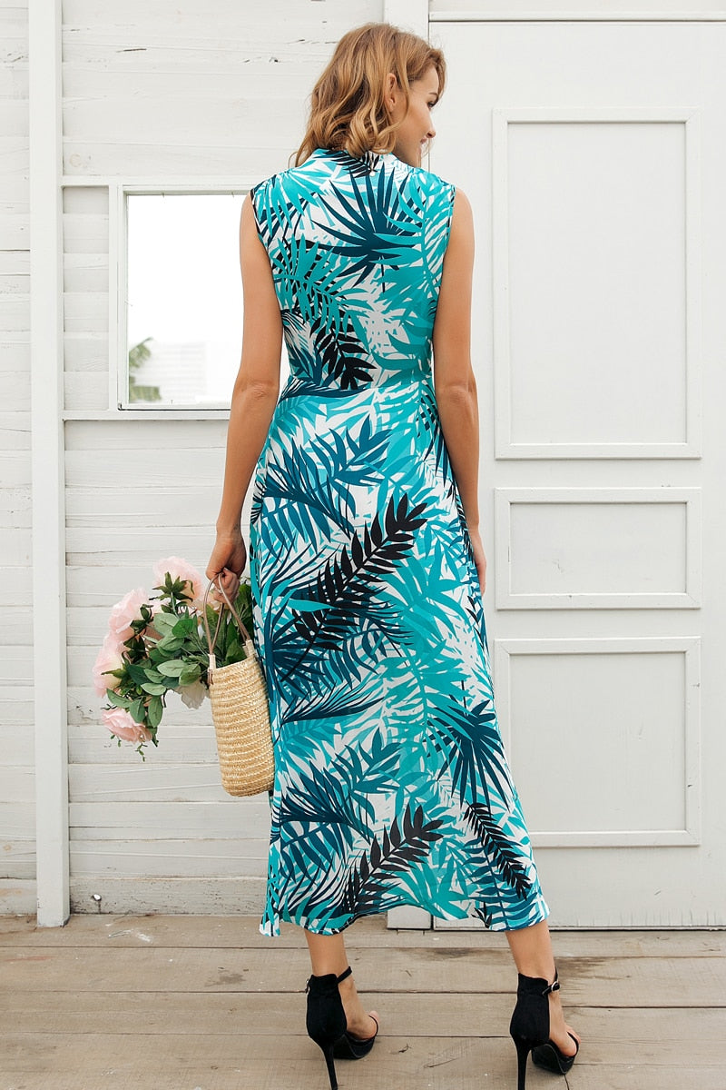 V-neck Bird Print Summer Sexy Sleeveless Sash Maxi Wrap Boho Chic Long Dress