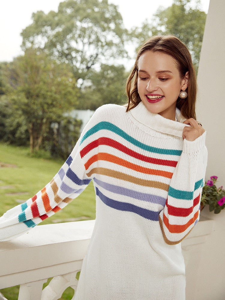 Turtleneck Rainbow Knitted Casual High Fashion Sweater Short Autumn Winter Sweater Dress