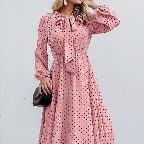 Load image into Gallery viewer, Elegant V-neck Polka Dot Sexy V-neck Lantern Pink Loose Long Party Dress
