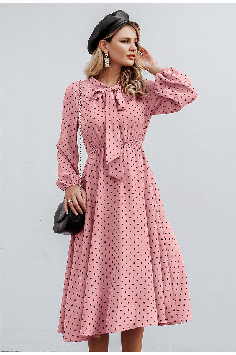 Elegant V-neck Polka Dot Sexy V-neck Lantern Pink Loose Long Party Dress