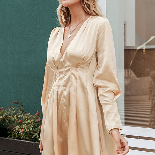 Load image into Gallery viewer, Sexy V-neck Satin Long Sleeve Pleated Autumn Winter Female Mini Dress
