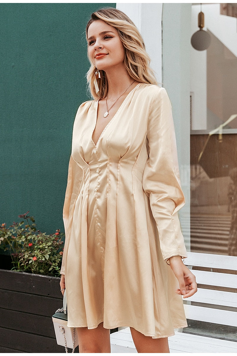 Sexy V-neck Satin Long Sleeve Pleated Autumn Winter Female Mini Dress