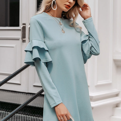 Load image into Gallery viewer, Elegant Ruffled Long Sleeve Work Solid O-neck Slim Fit Mini Dress
