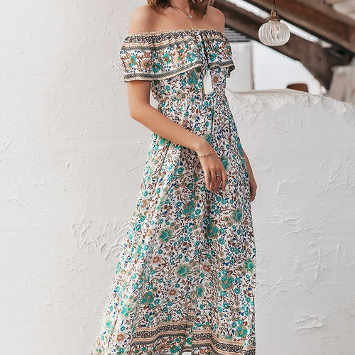 Load image into Gallery viewer, Boho Floral Print Off Shoulder Strap Ruffled High Waist Summer Casual Holiday Tassel Cotton Maxi Dress
