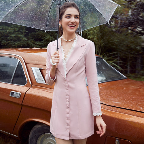 Load image into Gallery viewer, Sexy V-neck Pink Bodycon Blazer Long Sleeve Lace Button Winter Office Dress
