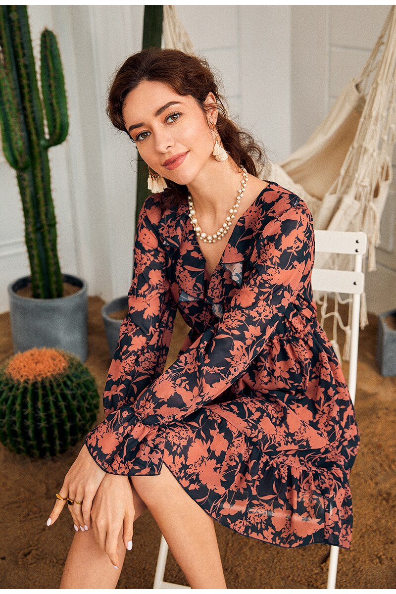 Sexy V-neck Long Sleeve Midi Summer Holiday Chiffon Ruched Floral Print Solid Lace Dress