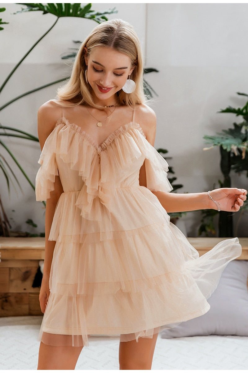 Sexy Straps Off Shoulder Mini Ruffles Multi-layer Lace Cake Party Club Mesh Dress