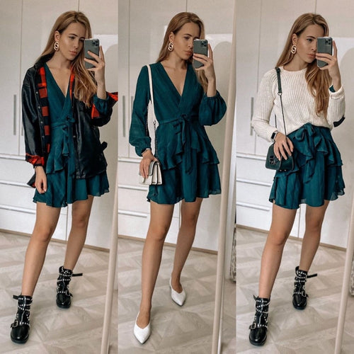 Load image into Gallery viewer, Sexy V-neck Striped Party Elegant Lantern Ruffled Long Sleeve High Waist Autumn Winter Dress
