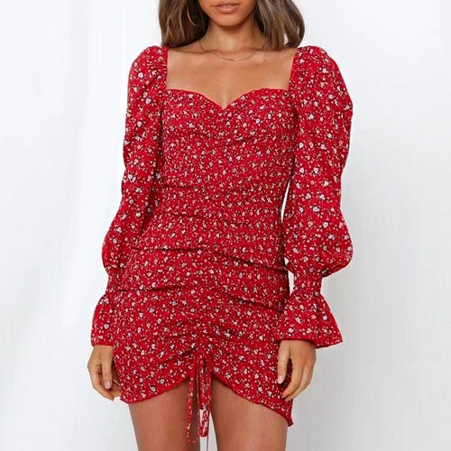 Load image into Gallery viewer, Elegant Dot Print Long Sleeve Sexy Lacing Up Elastic Ruched Mid Long Party Slim Fit Dress
