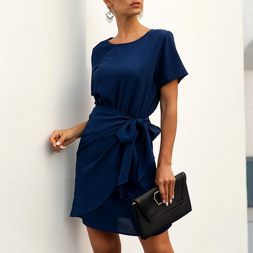 Load image into Gallery viewer, Elegant Office Solid O-neck Short Sleeve Wrap Bow Party Chic Ruffled Bodycon Mini Dress
