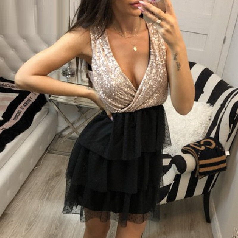 Sexy Deep V-neck Party Sleeveless Lace High Waist Summer Mini Dress