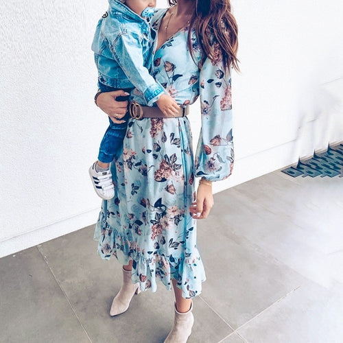 Load image into Gallery viewer, Floral Print Plus Size High Waist Ruffled Summer Loose V-neck Puff Sleeve Chiffon Boho Dress
